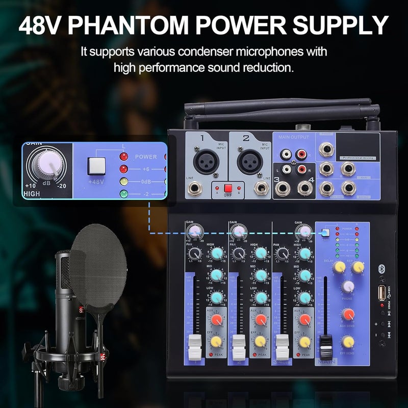 SIKUING Professional Audio Mixer with Dual Wireless Mic, 4 Channel Mixer Board Sound Board DJ Mixer Console System MP3 Bluetooth 48V Phantom Power USB Interface for Home Karaoke Party - Image 3